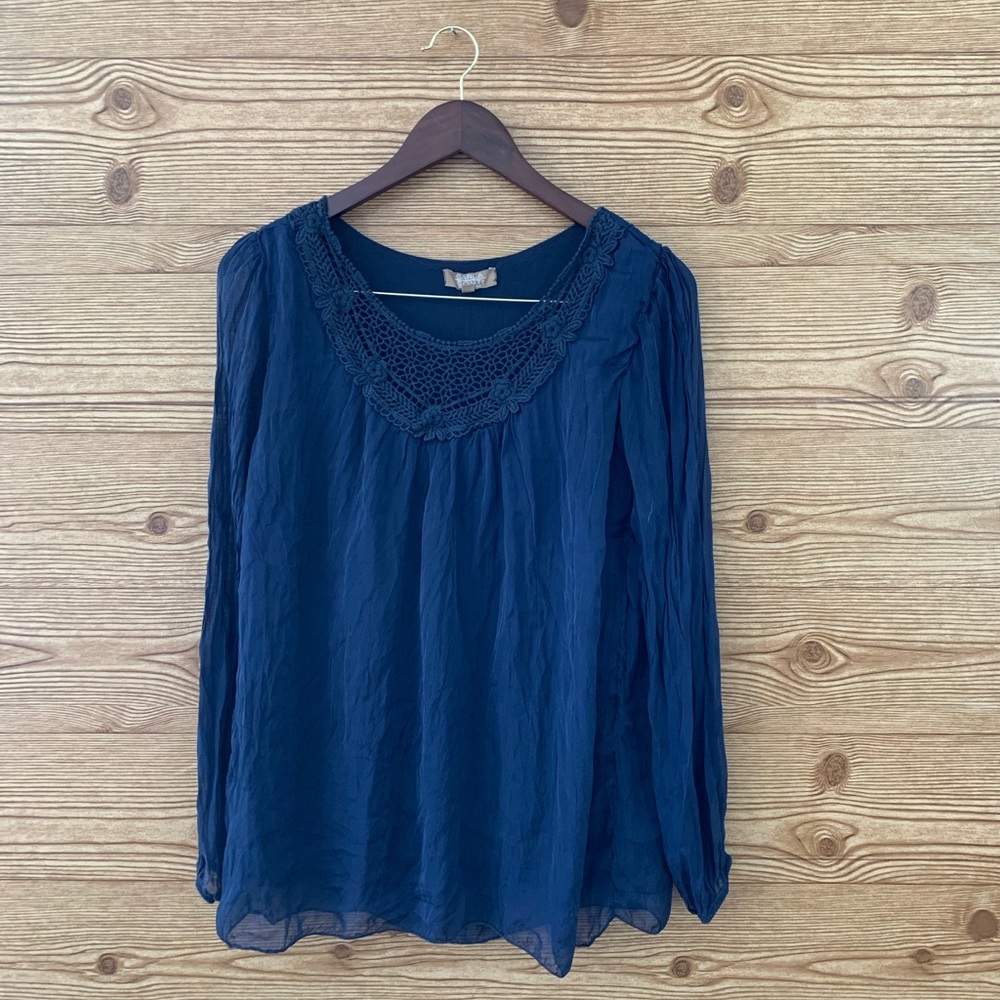 100% SILK MADE IN ITALY LARGE BLUE BLOUSE LACE